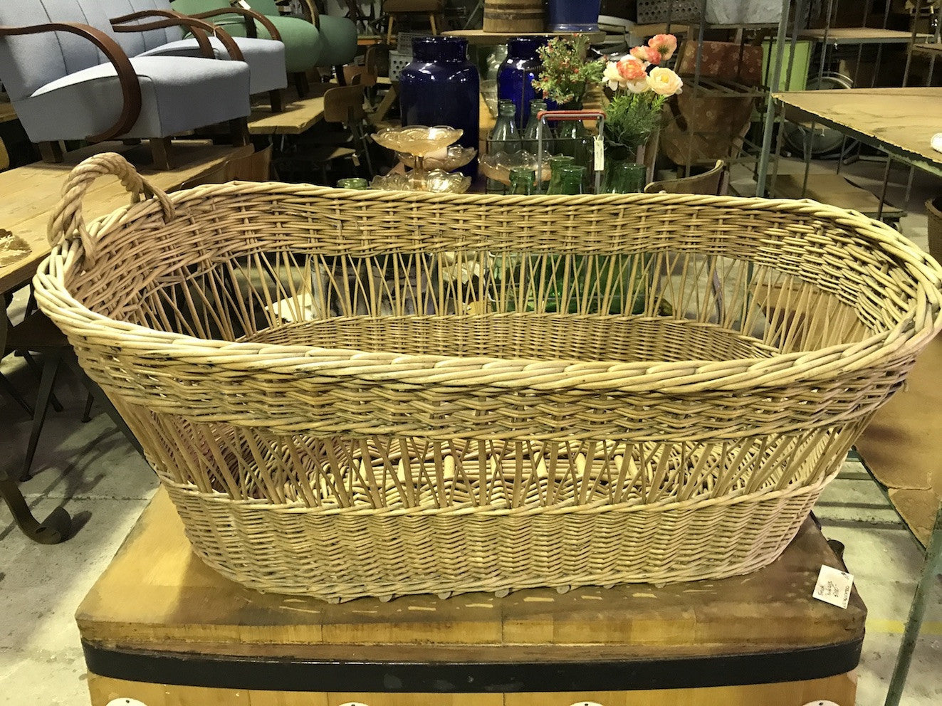 Vintage industrial French cane willow bakers basket  #1847