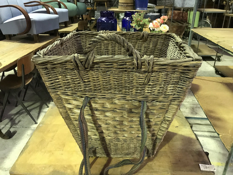 Vintage industrial French cane willow grape picking back pack basket  #1849