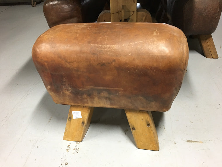 Vintage industrial Romanian pommel horse leather bench seat #1895