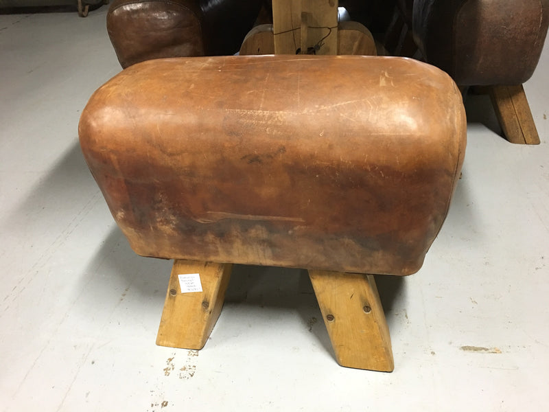 Vintage industrial Romanian pommel horse leather bench seat #1895