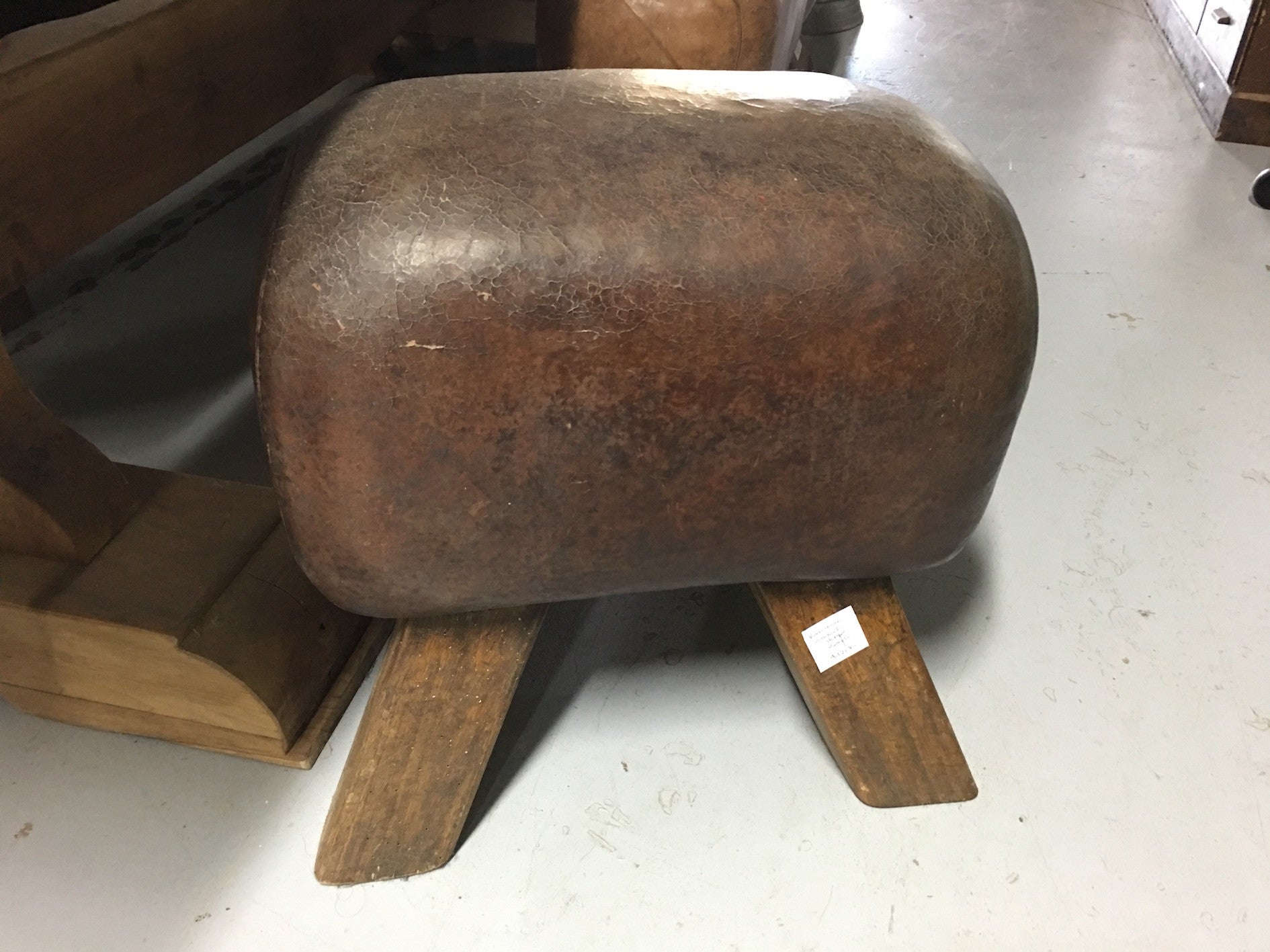 Vintage industrial Romanian pommel horse leather bench seat #1896
