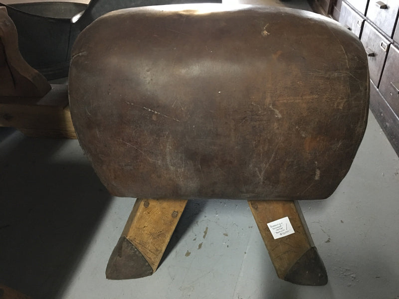 Vintage industrial Romanian pommel horse leather bench seat #1898