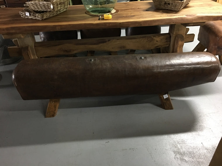 Vintage industrial Romanian pommel horse leather bench seat #1899 long