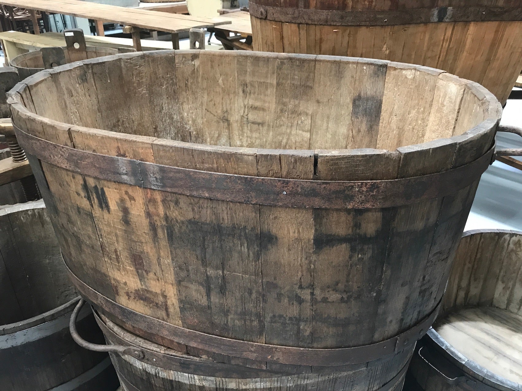 Vintage industrial French oak  oval  half wine barrel with handles #1950