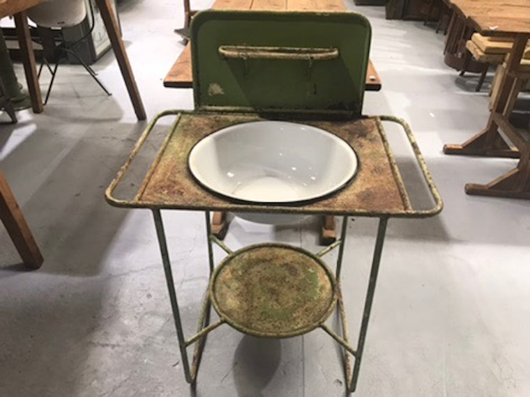 Vintage industrial European enamel wash bowl and stand #1973