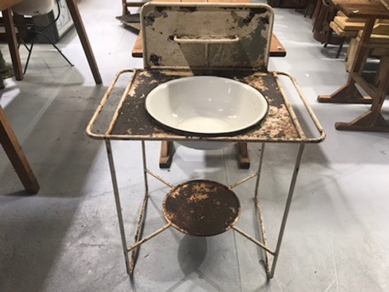 Vintage industrial European enamel wash bowl and stand #1974