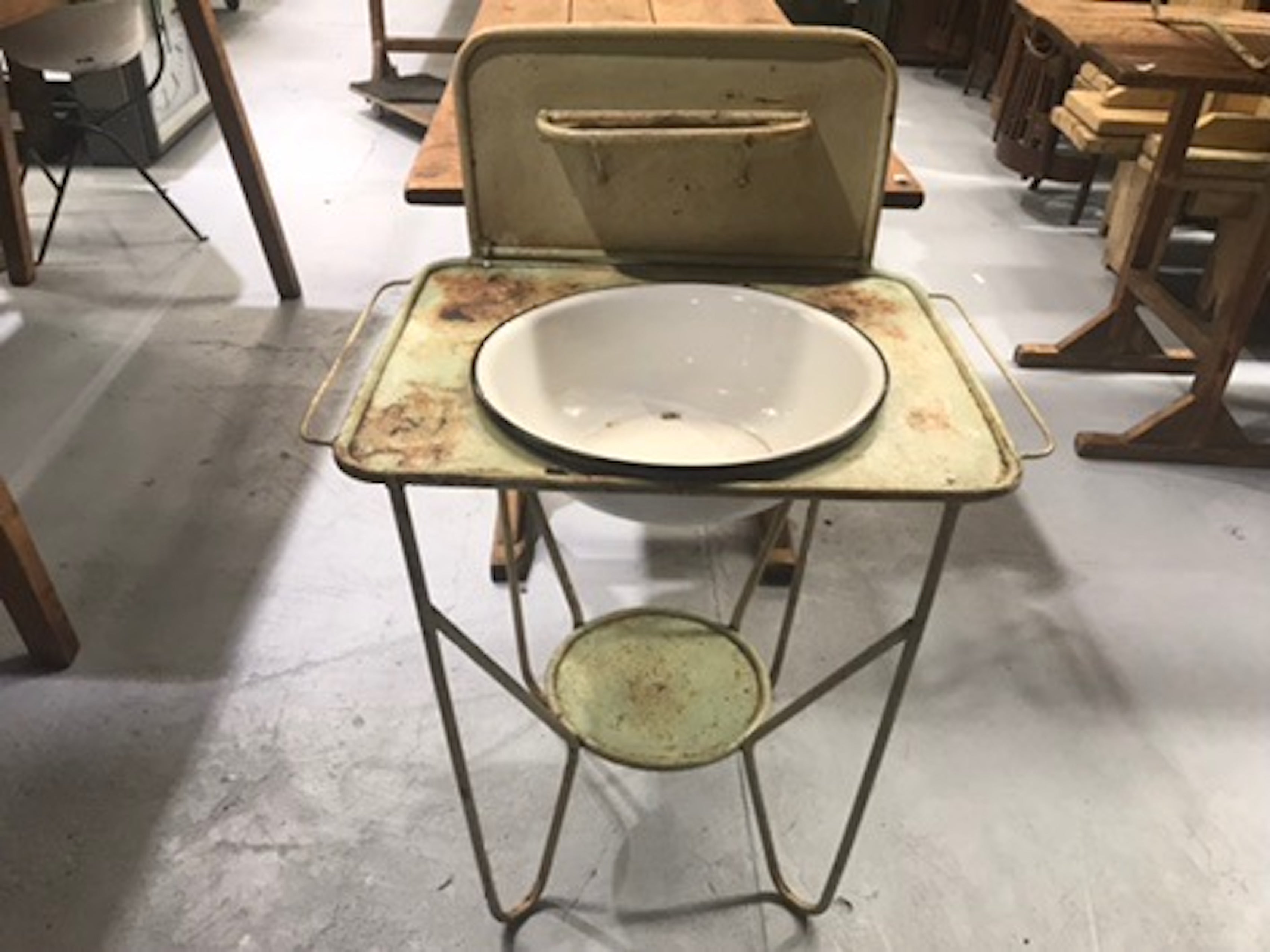 Vintage industrial European enamel wash bowl and stand #1975