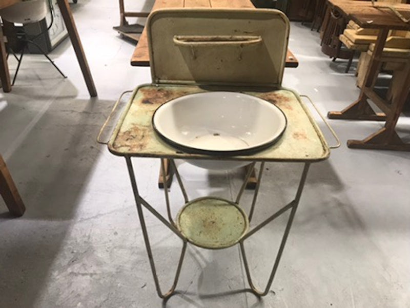 Vintage industrial European enamel wash bowl and stand #1975