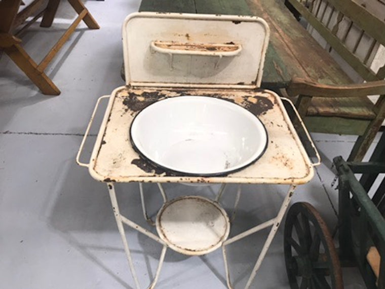 Vintage industrial European enamel wash bowl and stand #1976