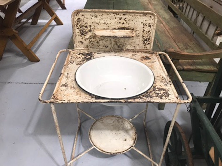 Vintage industrial European enamel wash bowl and stand #1977