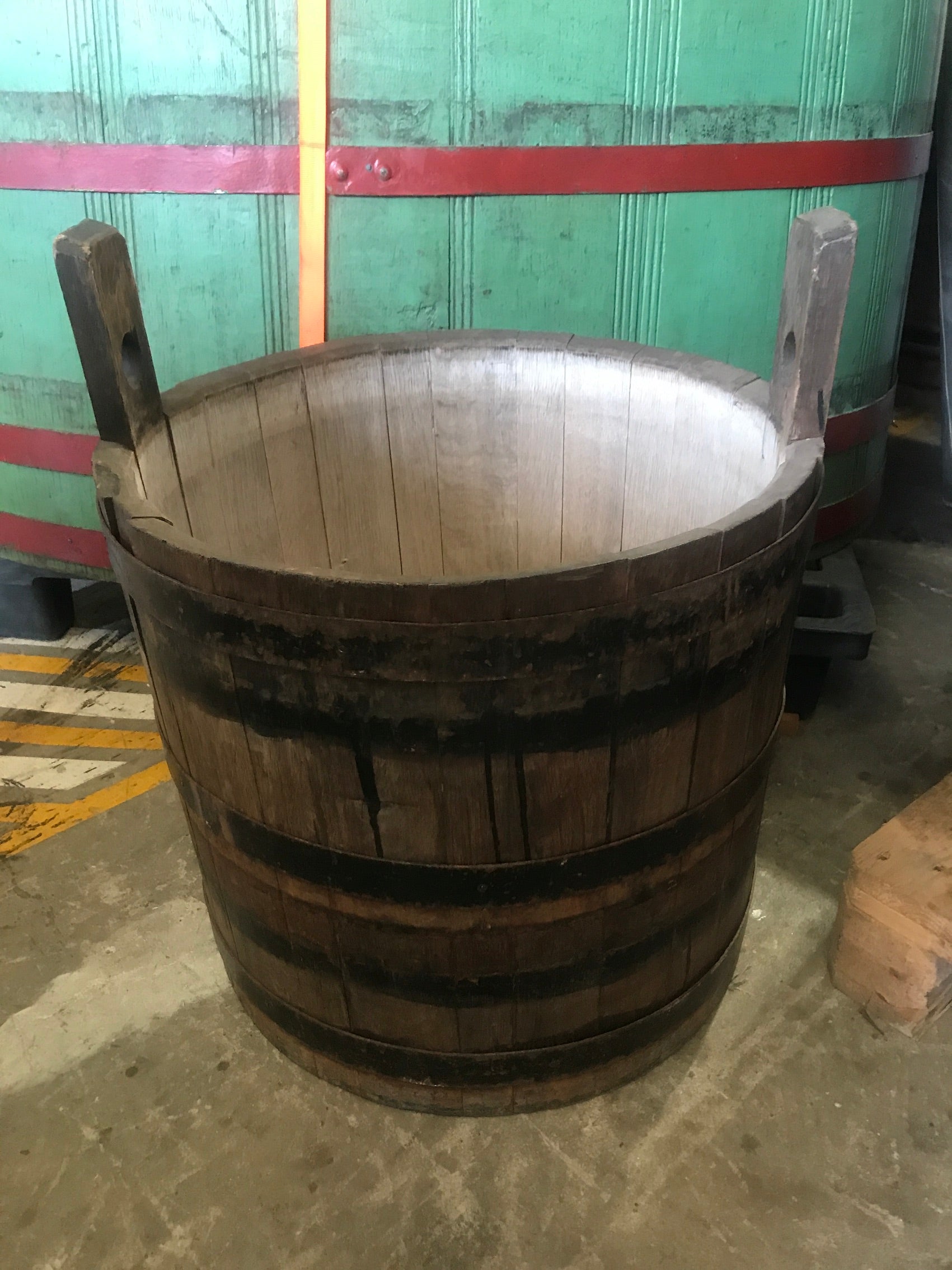Vintage industrial French oak round wine barrel #1987a