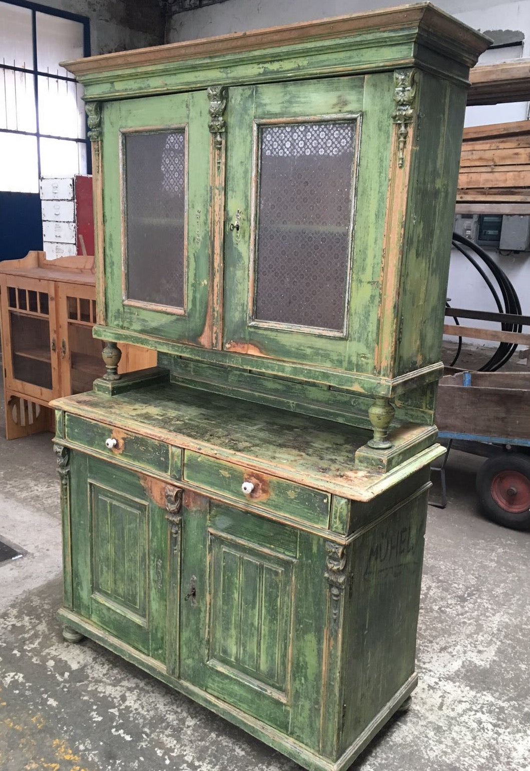 Vintage industrial European wooden kitchen cabinet #2045 green