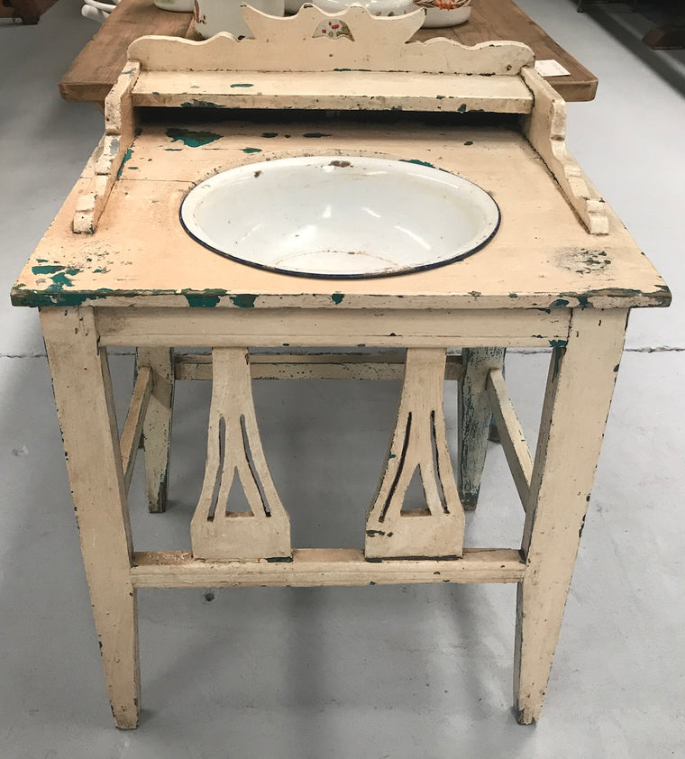 Vintage industrial European wooden wash stand with enamel bowl #2054