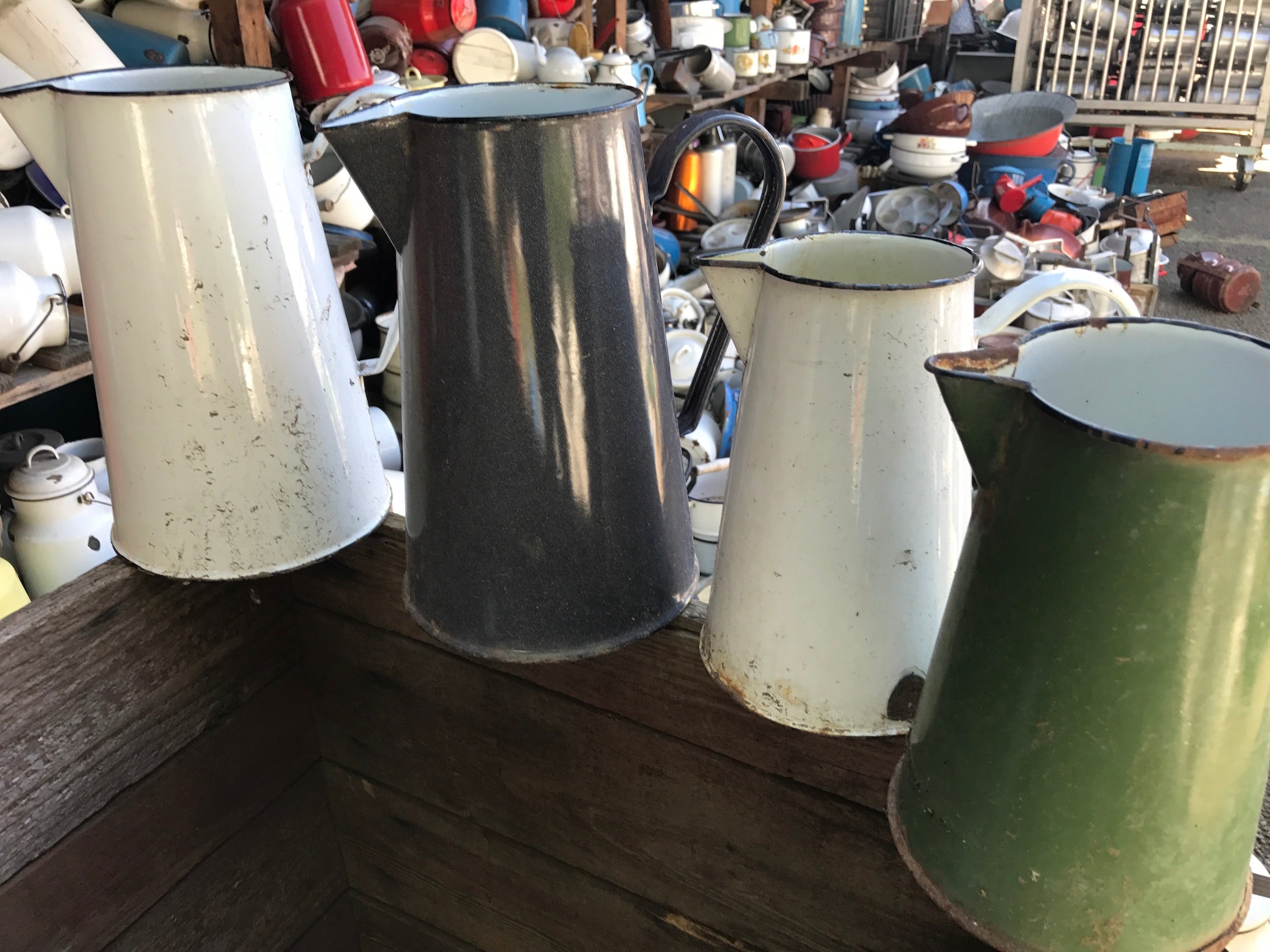 Vintage industrial European enamel water pitcher #2062