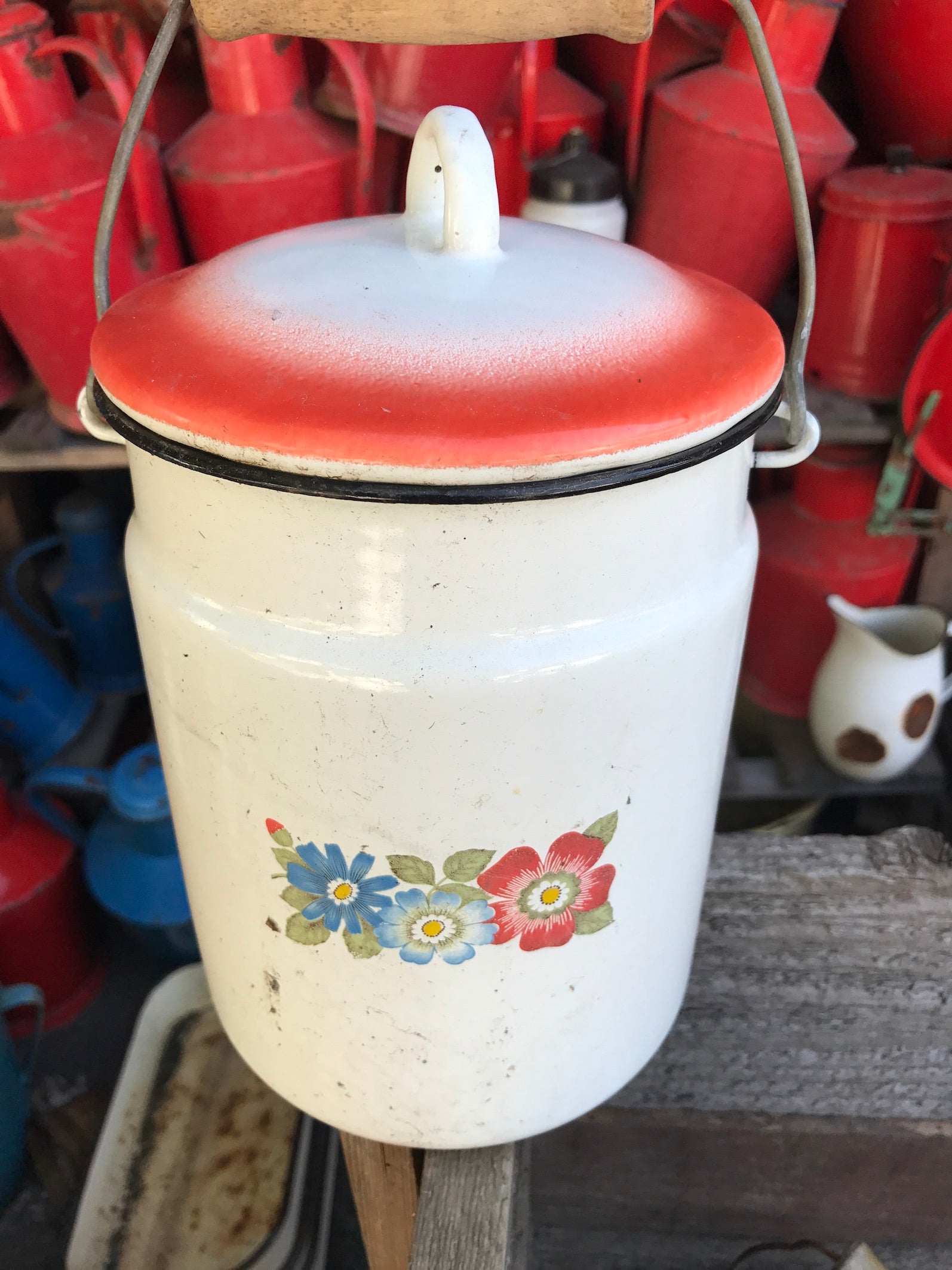 Vintage industrial European enamel milk can #2063 red lid