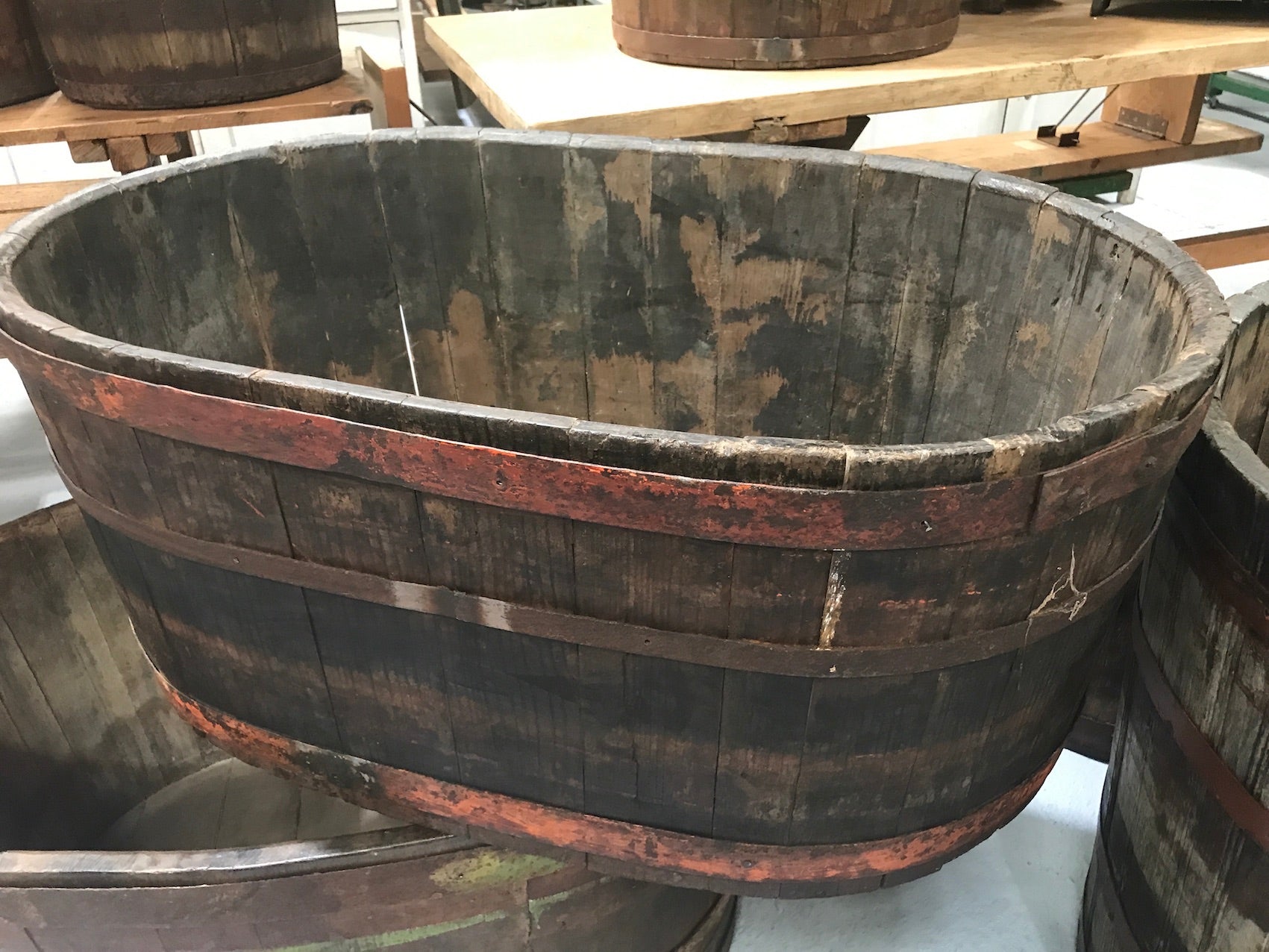 Vintage industrial French oak oval half wine barrel  #2078