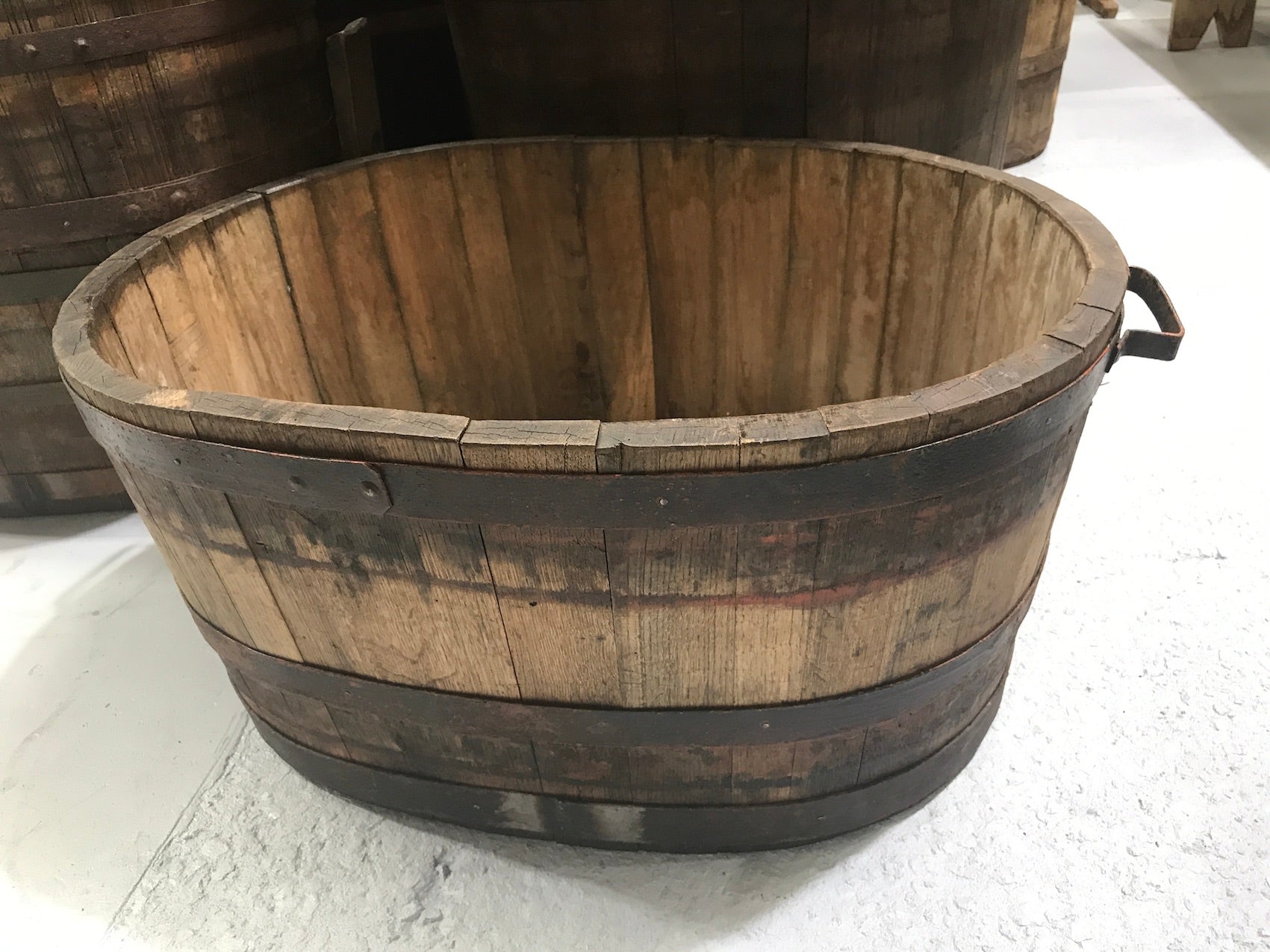 Vintage industrial French oak oval half wine barrel  #2079 Byron
