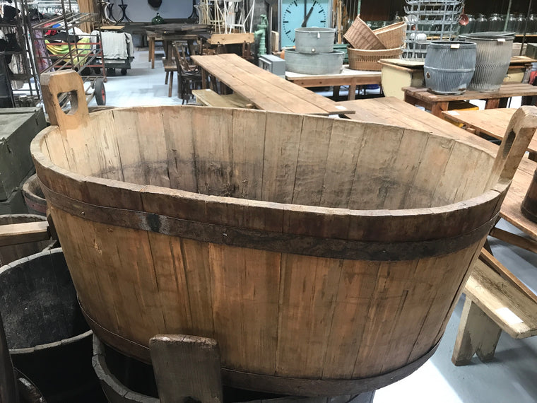 Vintage industrial French oak oval half wine barrel  #2081