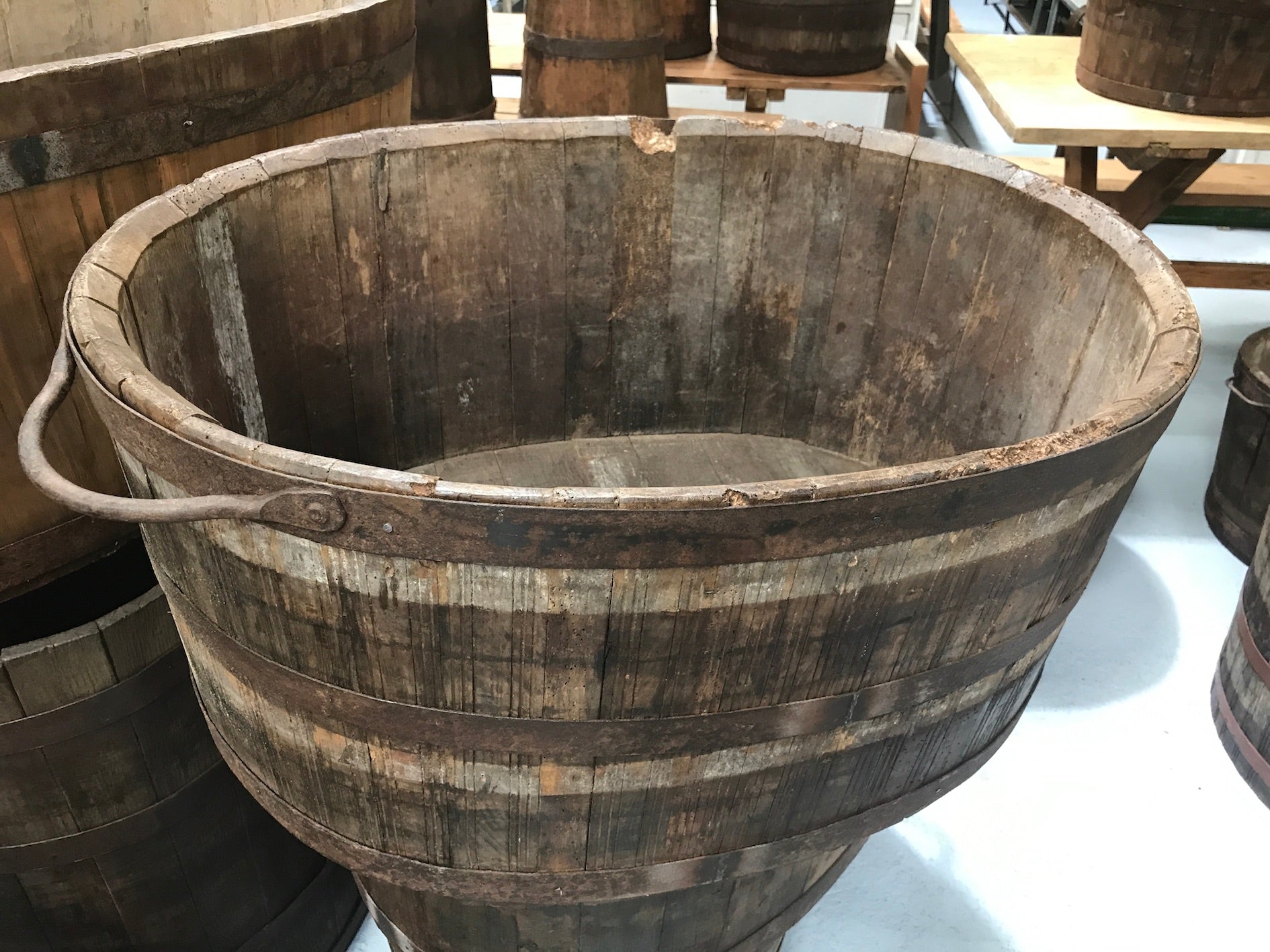 Vintage industrial French oak oval half wine barrel  #2082