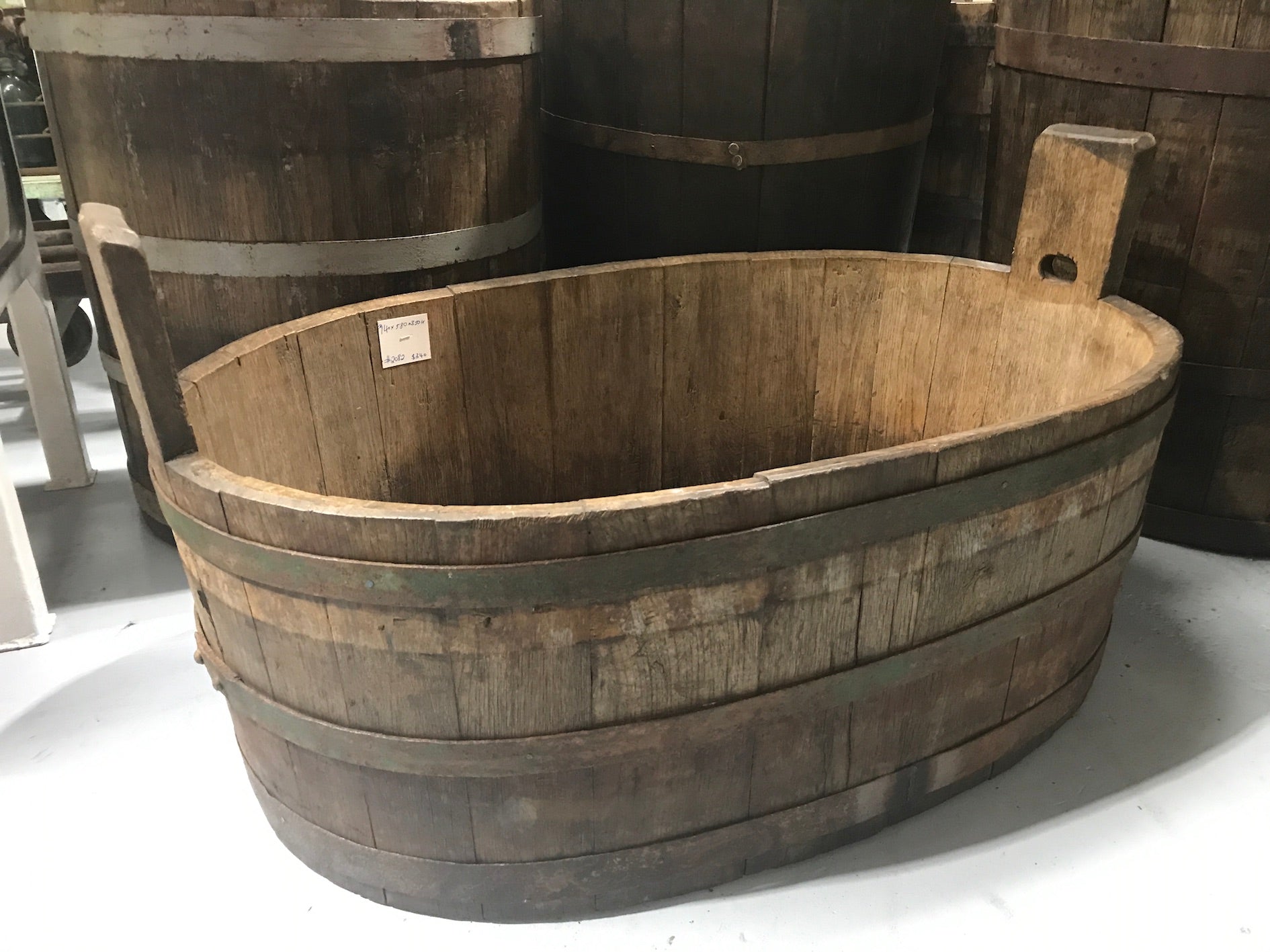 Vintage industrial French oak oval half wine barrel  #2083