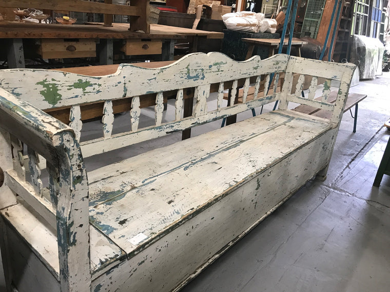 Vintage industrial Hungarian 1930s wooden kitchen bench seat #2144