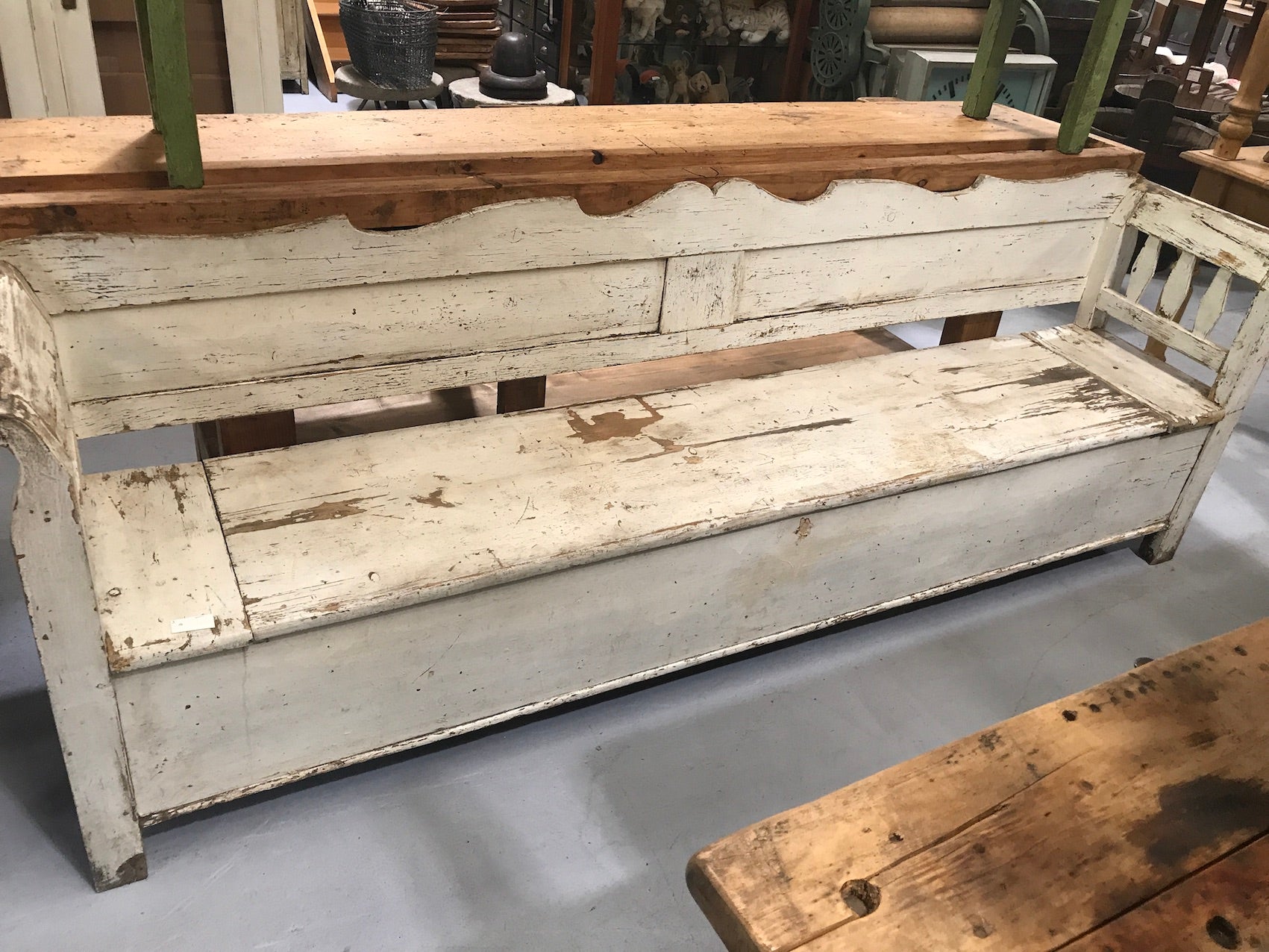 Vintage industrial Hungarian 1930s wooden kitchen bench seat #2145