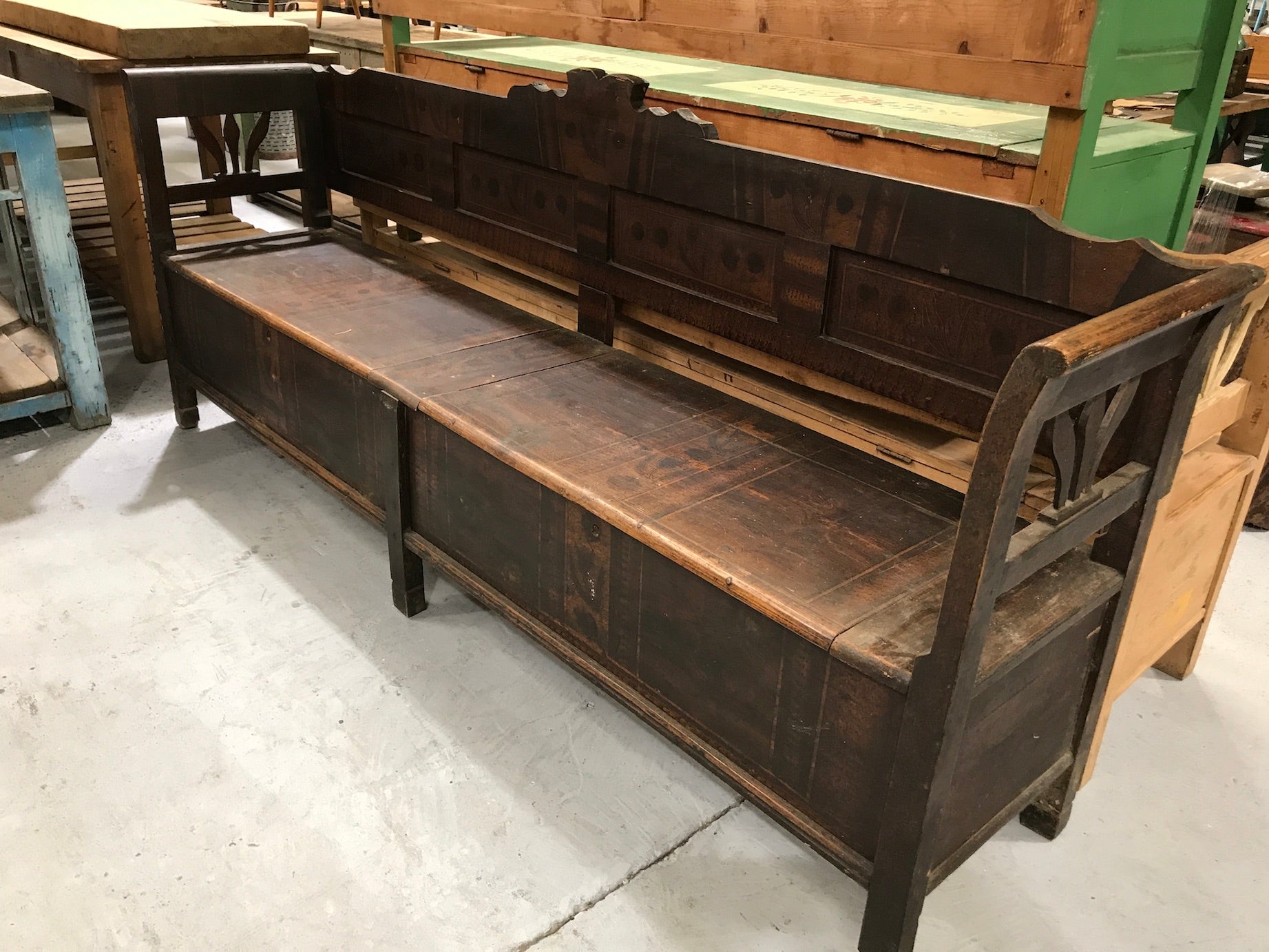Vintage industrial European 1930s wooden kitchen bench seat #2150