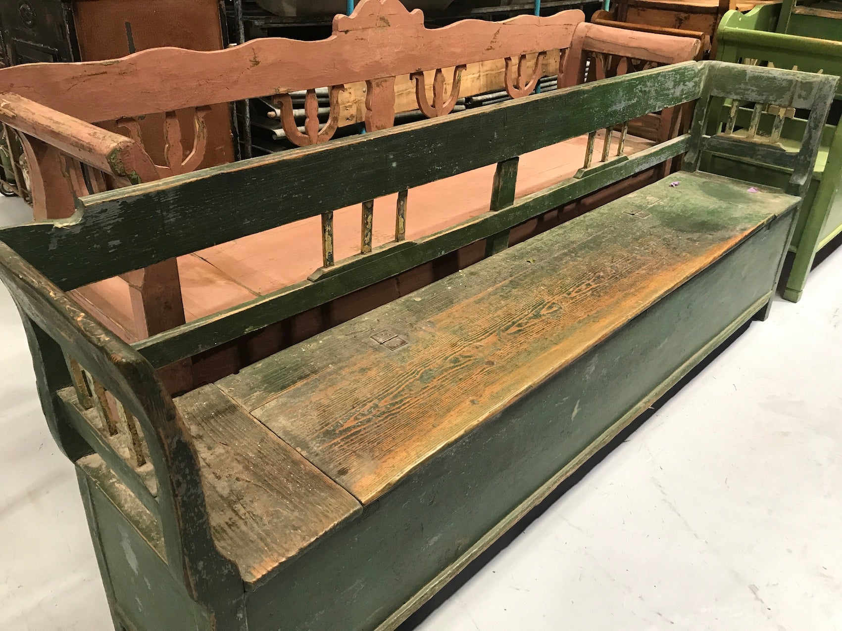 Vintage industrial European 1930s wooden kitchen bench seat 2.2 mt #2151