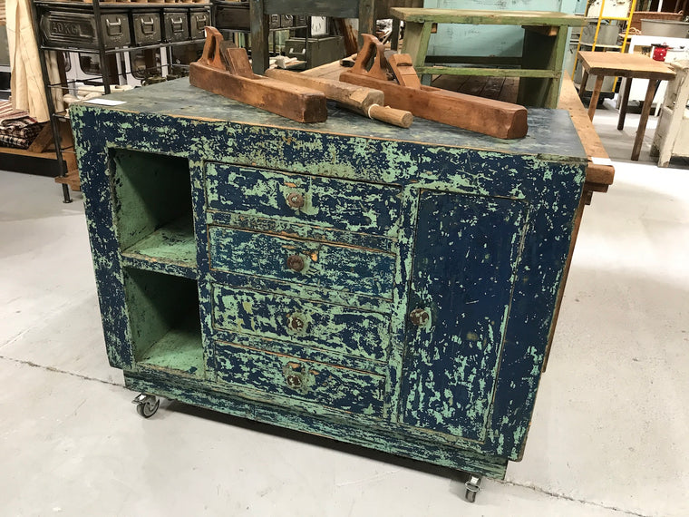 Vintage industrial European workbench table counter  #2164 blue