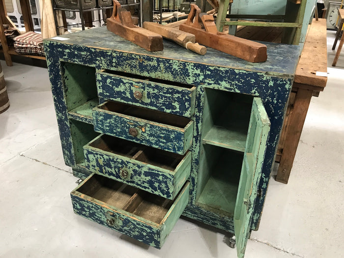 Vintage industrial European workbench table counter  #2164 blue
