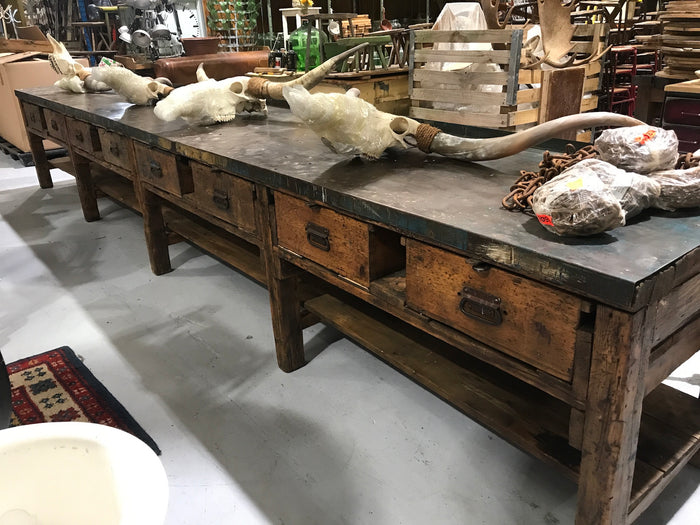 Vintage industrial European workbench table counter Kitchen island 5.3 meter #2188/ 7117