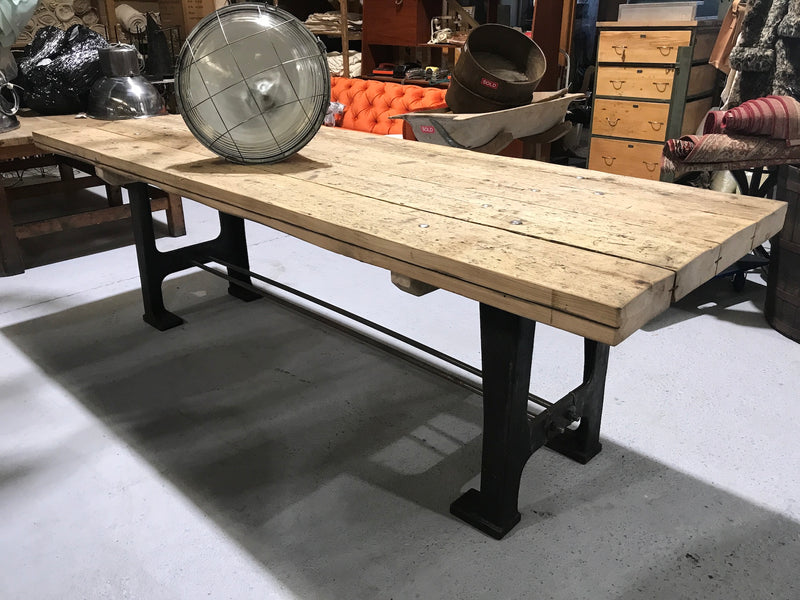 Vintage industrial European wooden cast ironl legs kitchen table  #2201