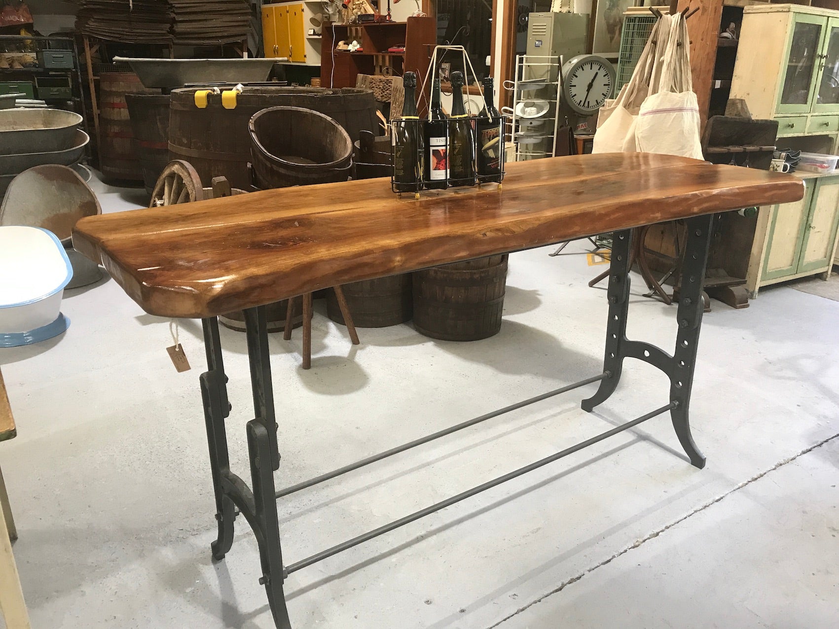 Vintage industrial European cast iron chestnut bar table table