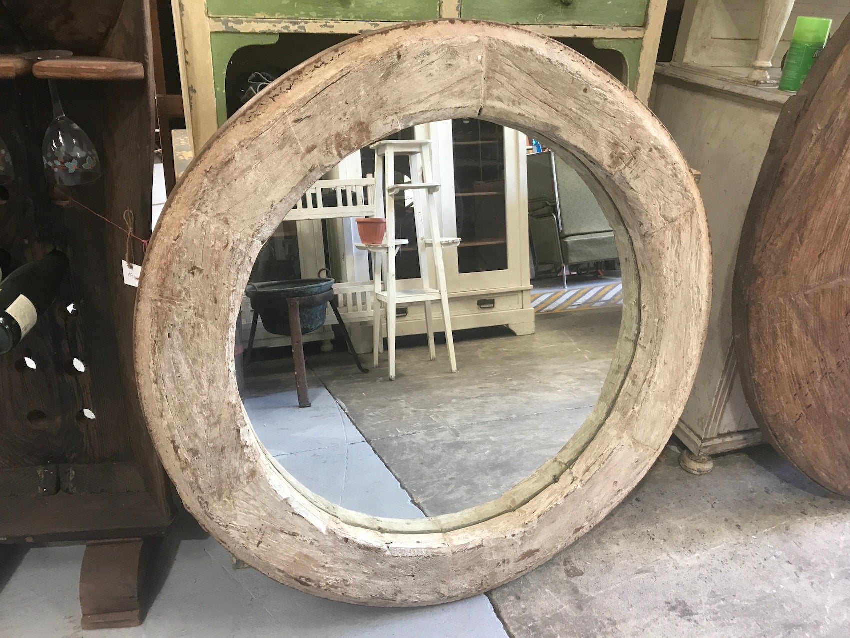 Vintage European 1940s wooden wagon wheel mirror #2213 in BYRON