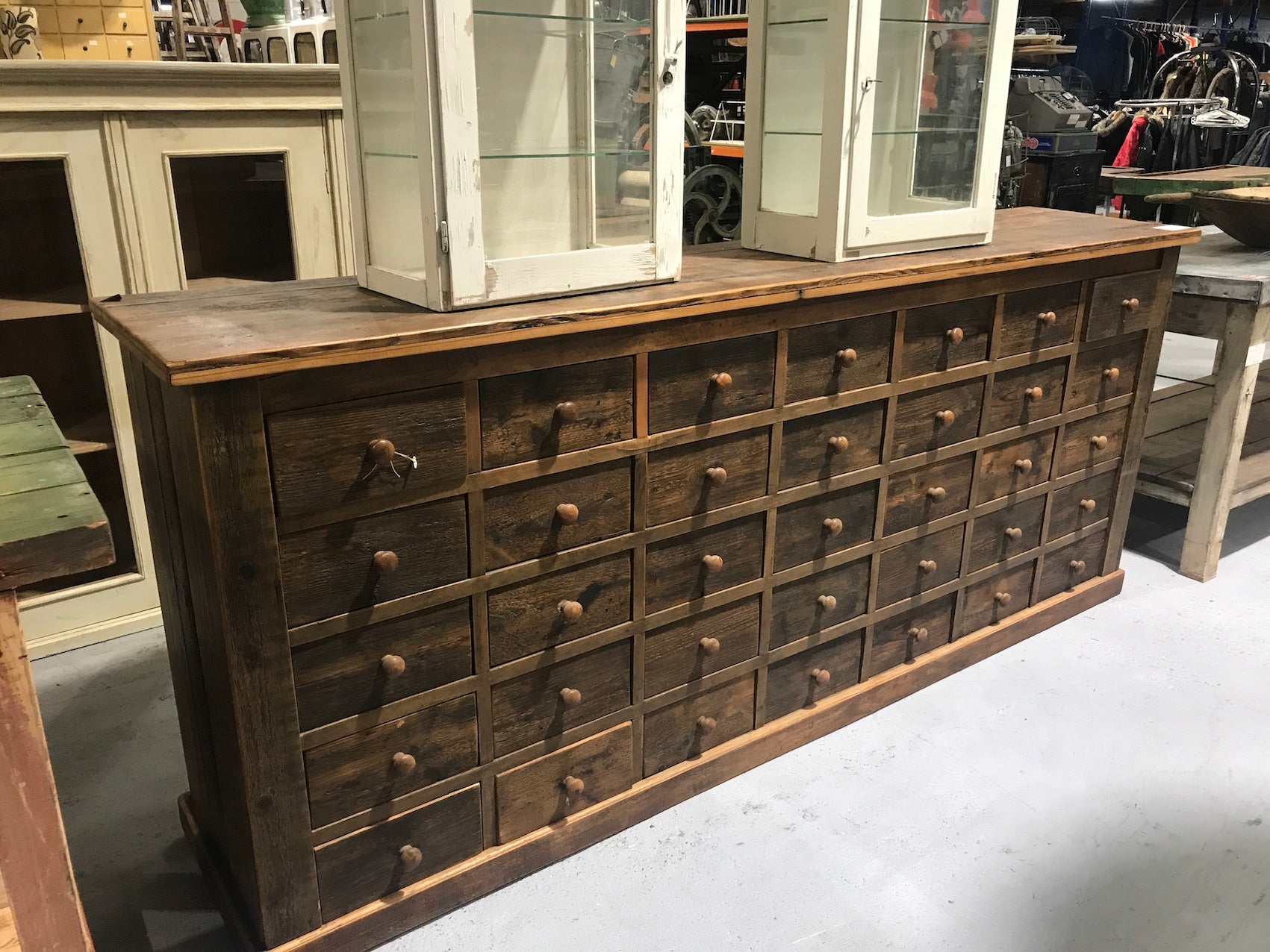 Vintage industrial European pharmacy shop counter  35 drawers #2238