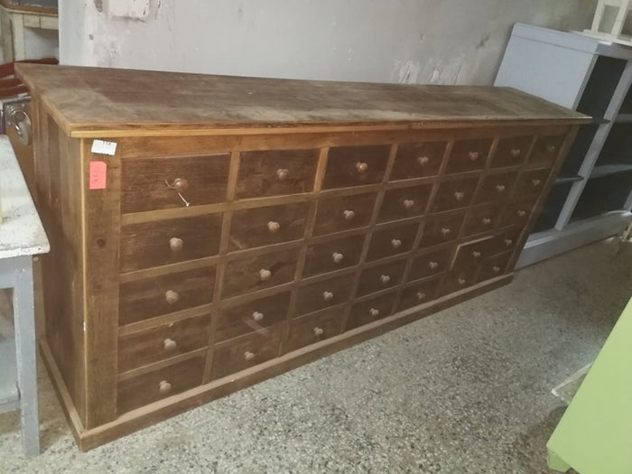 Vintage industrial European pharmacy shop counter  35 drawers #2238