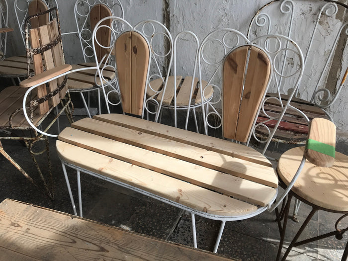 Vintage industrial European garden setting bench and 2 chairs #2429 table not included