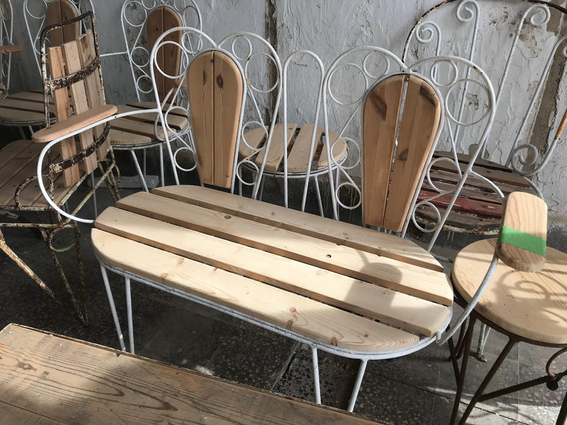 Vintage industrial European garden setting bench and 2 chairs #2429 table not included