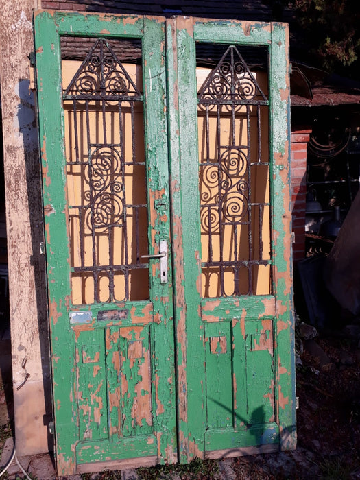 Vintage French wooden double house doors #2662 green