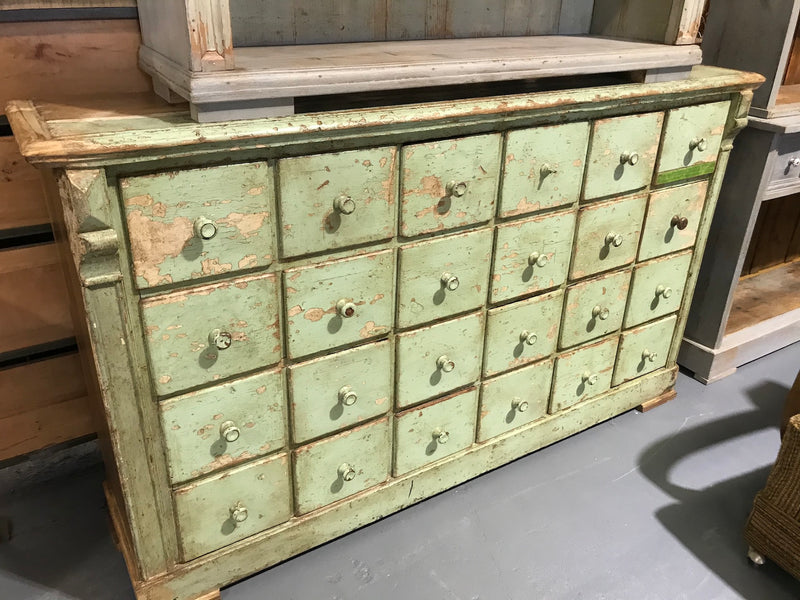 Vintage industrial French 40s wooden bank of drawers #2678 24 drawers