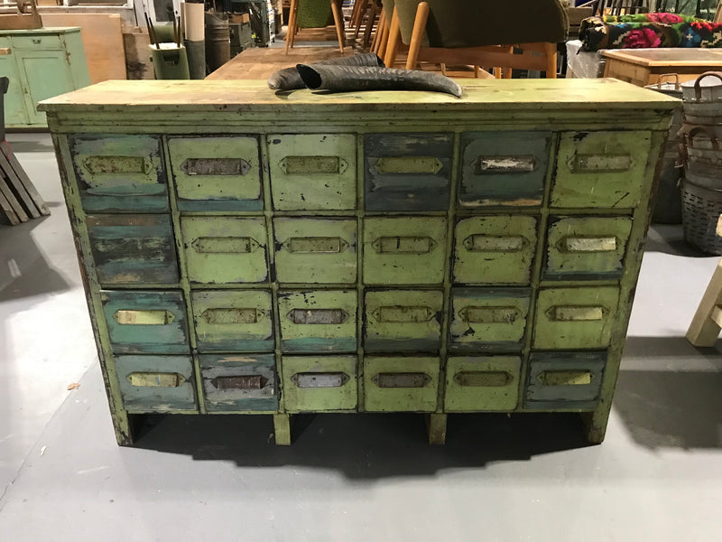 Vintage industrial French 40s wooden bank of drawers #2679 24 drawers