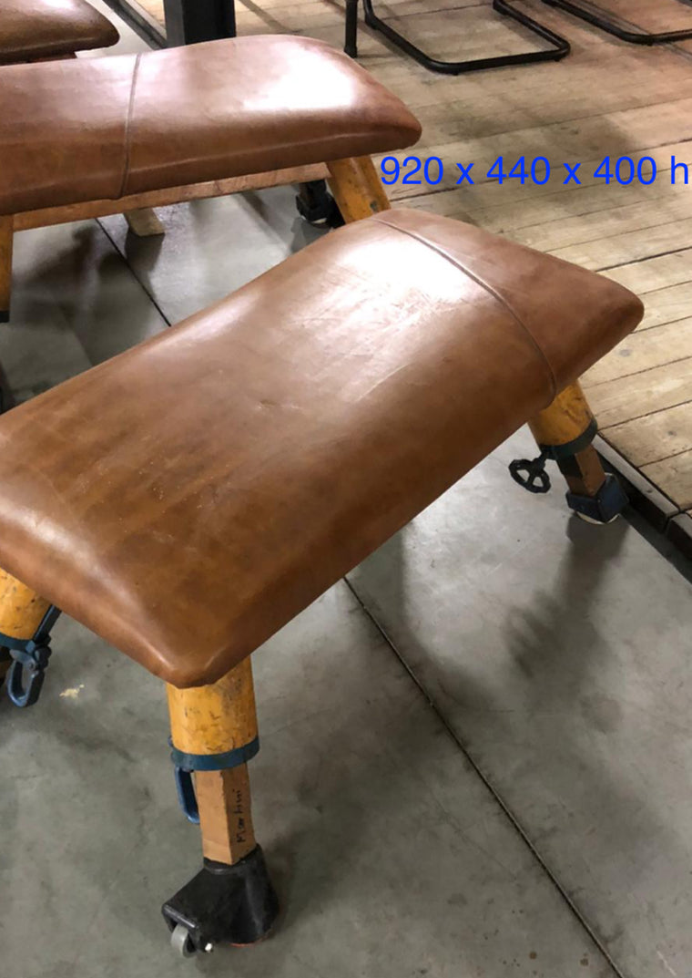 Vintage industrial Romanian pommel horse leather bench seat #2728