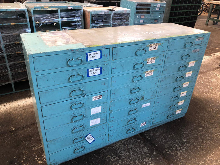 Vintage industrial European 40s wooden bank of drawers (med) #3041