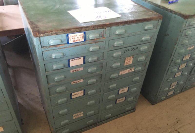 Vintage industrial European 40s wooden bank of drawers (sml) #3043 October container