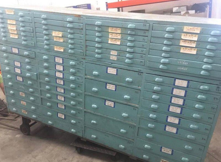 Vintage industrial European 40s wooden bank of drawers (Large) #3611