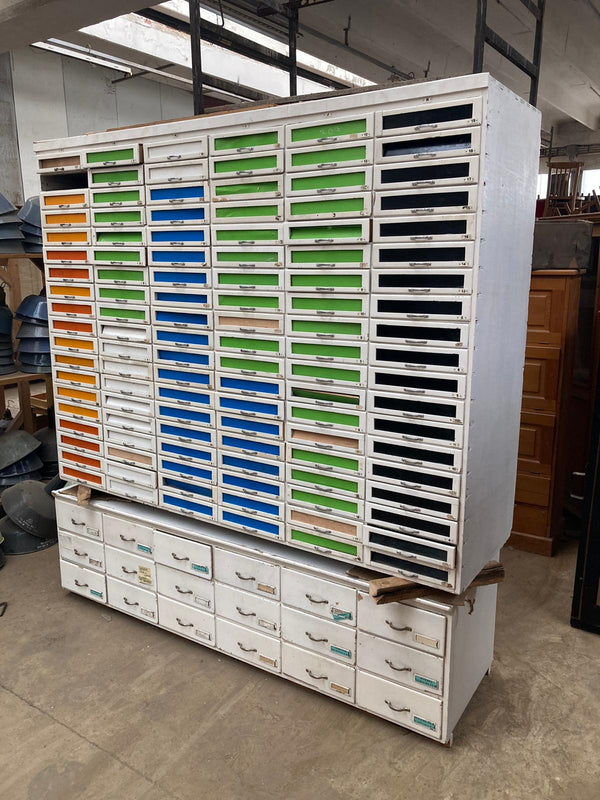 Vintage Industrial European Wooden Bank of Drawers #3614
