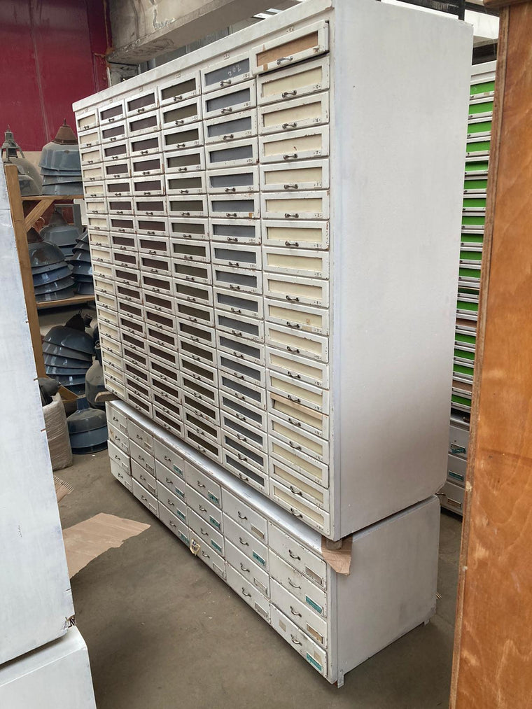 Vintage Industrial European  Wooden Bank of Drawers  #3615