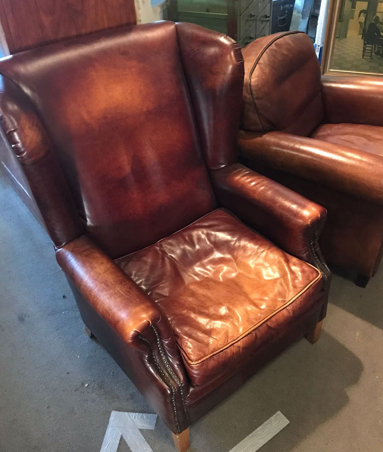 Vintage French 1940s Leather Club Chair  #3726