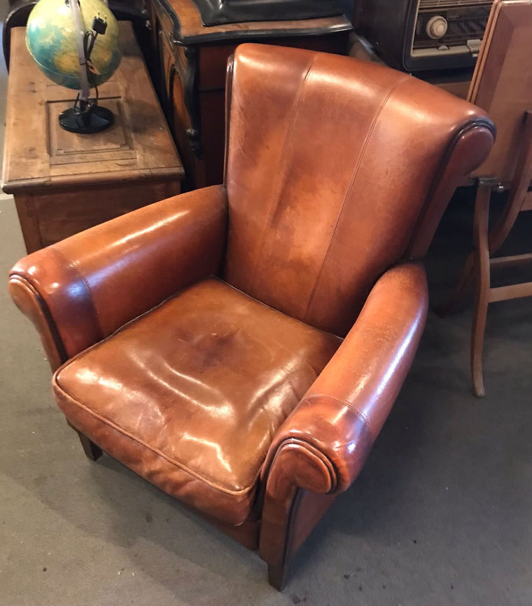 Vintage French 1940s Leather Club Chair  #3727 Byron.