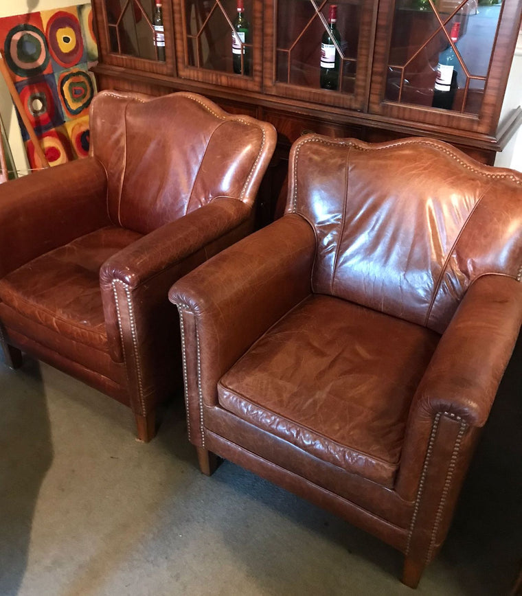Vintage French 1940s Leather Club Chairs   #3729